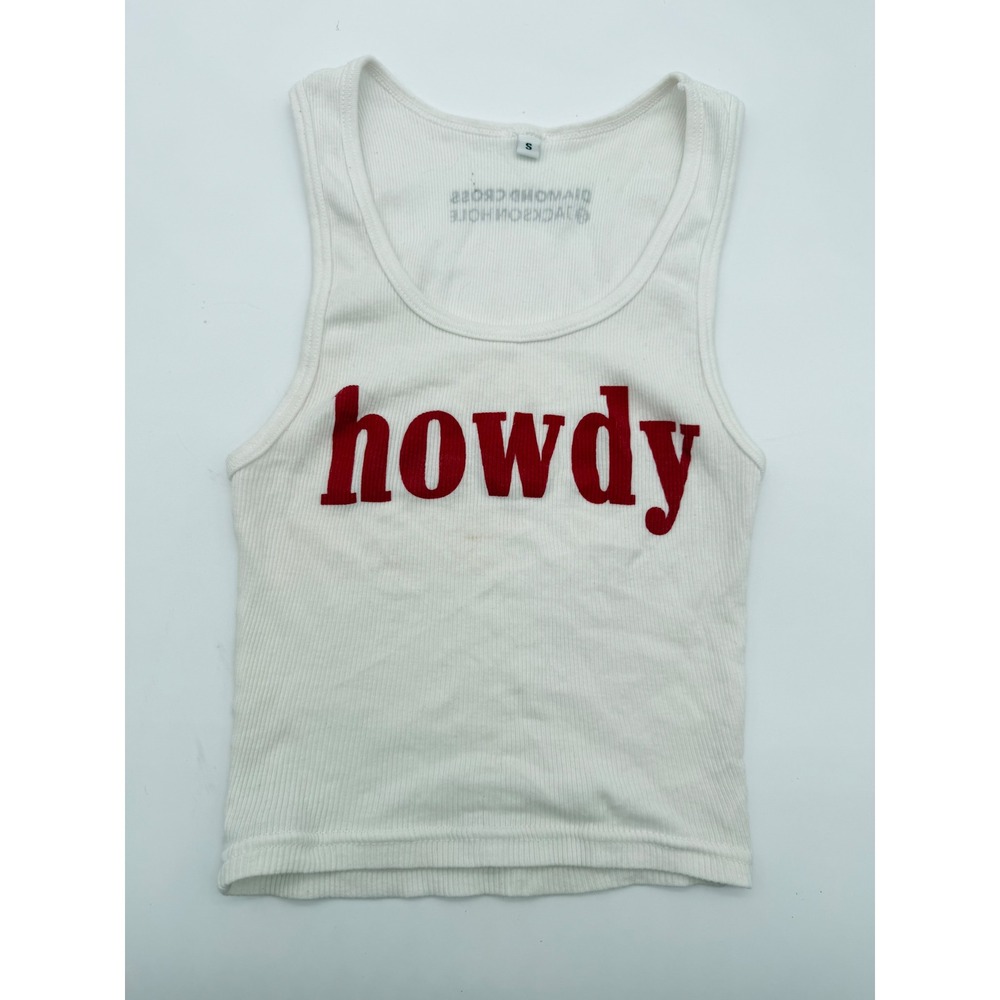 Diamond Cross Jackson Hole Howdy Ribbed Tank Top White Red Graphic Small